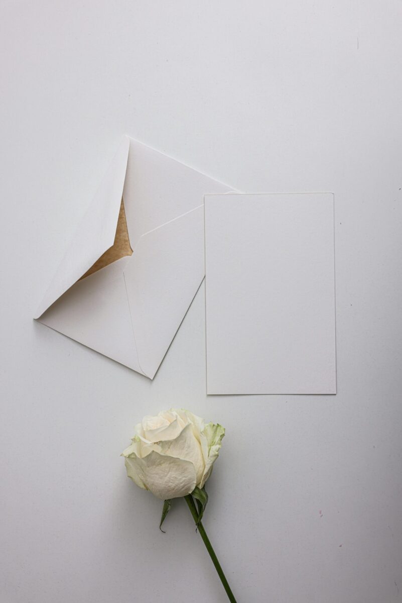 Minimalist flat lay with a white rose, blank paper, and envelope, perfect for invitations.